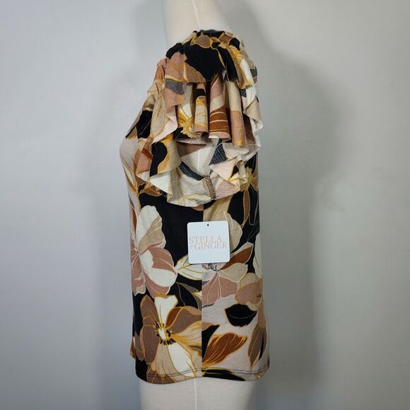 Stella + Ginger Shirt Top Ruffled Short Sleeve Stretch Floral Womens Large NWT - Picture 5 of 15